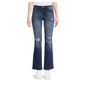 No Boundaries Juniors Destructed Flare Dark Wash Mid-Rise Dark Wash